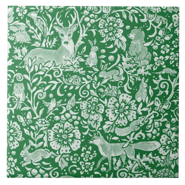 Emerald Green Woodland Animal Deer Rabbit Floral Tile (Front)