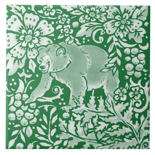 Emerald Green Woodland Bear  Intricate Floral  Tile (Front)