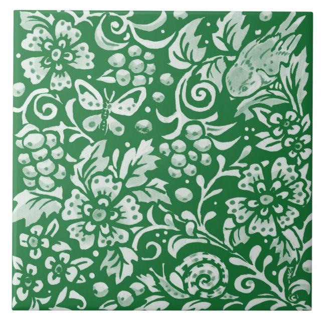 Emerald Green Woodland Bird Cute Intricate Floral  Tile (Front)