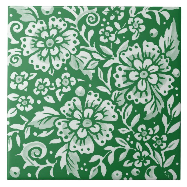 Emerald Green Woodland Chinoiserie Floral Tile (Front)