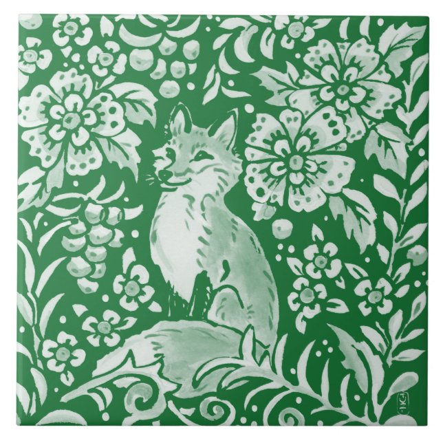 Emerald Green Woodland Cute Fox Intricate Floral  Tile (Front)