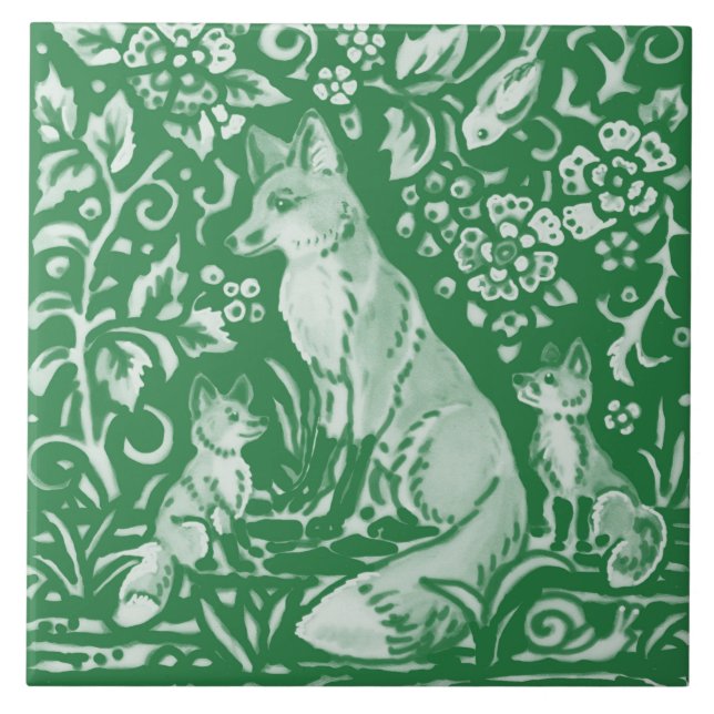 Emerald Green Woodland Cute Fox Intricate Floral   Tile (Front)