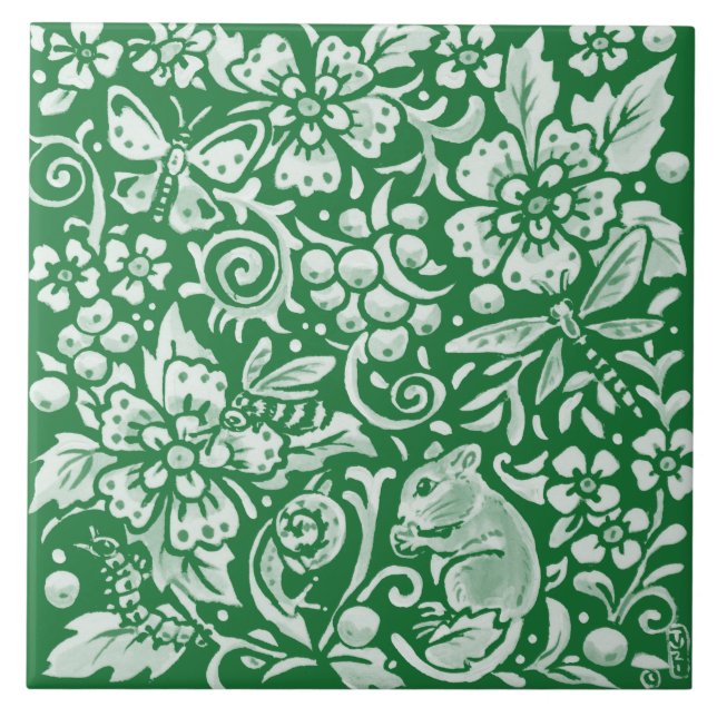 Emerald Green Woodland Garden Mouse Insect Floral Tile (Front)