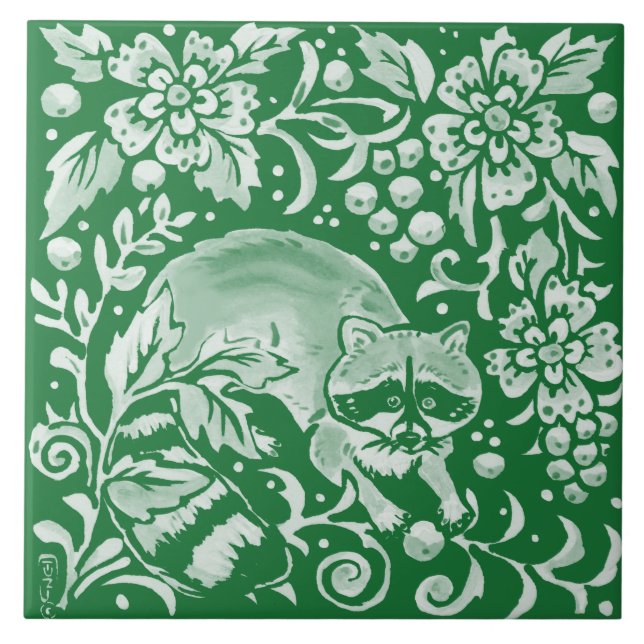 Emerald Green Woodland Racoon Intricate Floral  Tile (Front)
