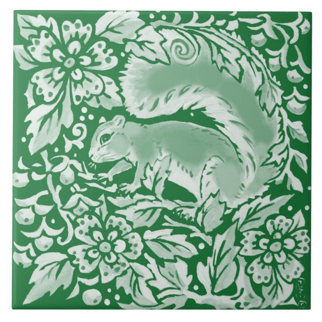 Emerald Green Woodland Squirrel Intricate Floral  Tile (Front)