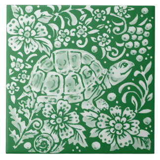 Emerald Green Woodland Turtle Intricate Floral Tile