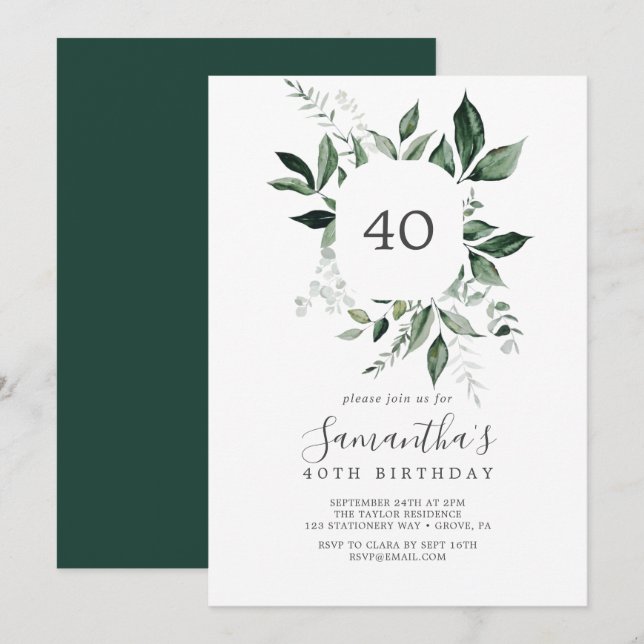 Emerald Greenery 40th Birthday Invitation (Front/Back)