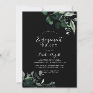 Emerald Greenery   Black Engagement Party Invitation