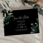 Emerald Greenery | Black Horizontal Save The Date<br><div class="desc">This emerald greenery black horizontal save the date card is perfect for a boho wedding. The elegant yet rustic design features moody dark green watercolor leaves and eucalyptus with a modern bohemian woodland feel.</div>