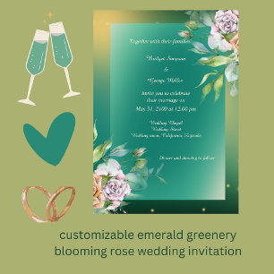 emerald greenery blooming rose wedding invitation