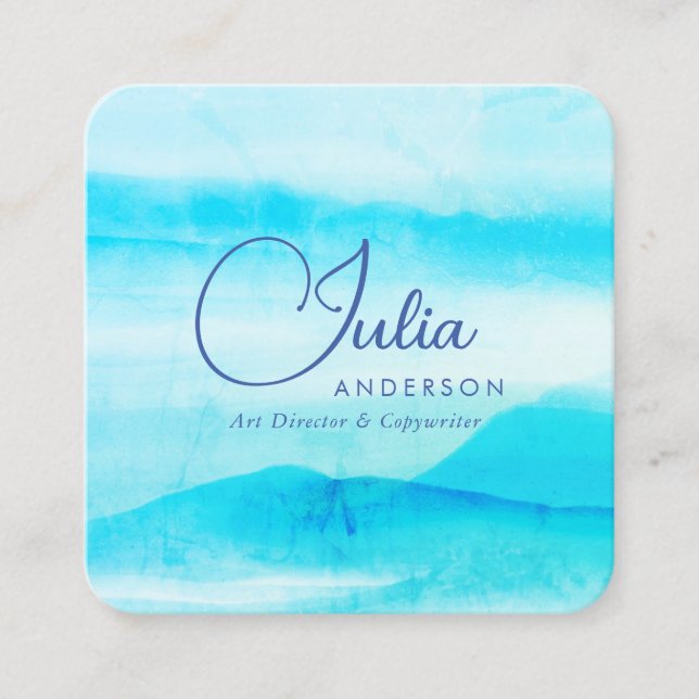 Emerald Greenery Blue watercolor Abstract Script Square Business Card (Front)