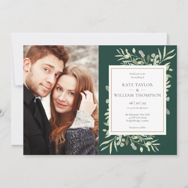 Emerald Greenery Botanical Gold Photos Wedding Invitation (Front)