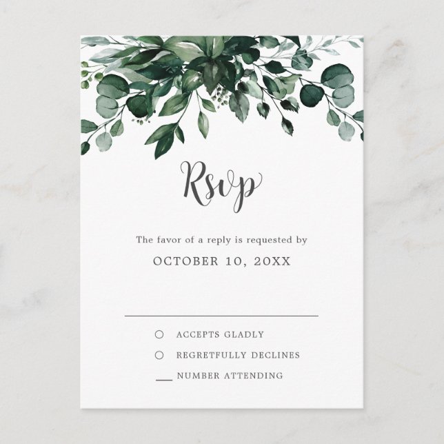 Emerald Greenery Eucalyptus Botanical Wedding RSVP Postcard (Front)