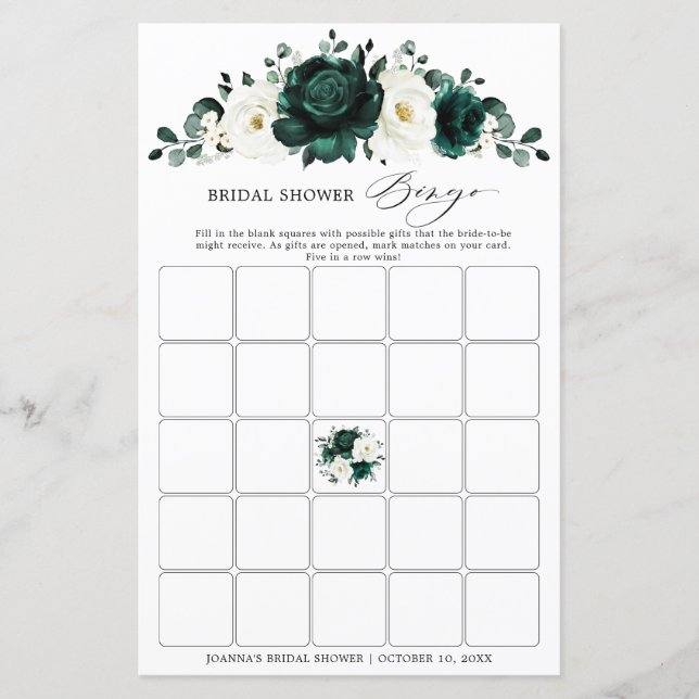 Emerald Greenery Eucalyptus  Bridal Shower Bingo (Front)