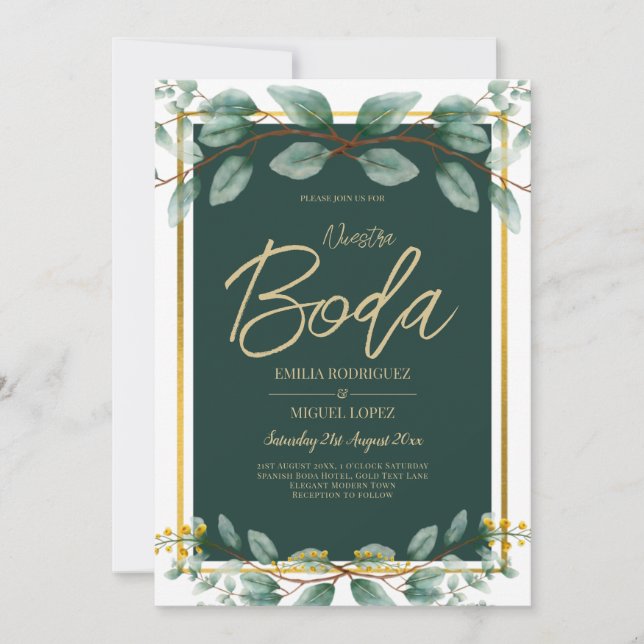 Emerald Greenery Eucalyptus Gold Floral White Invitation (Front)