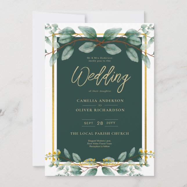 Emerald Greenery Eucalyptus Gold Floral White Invitation (Front)