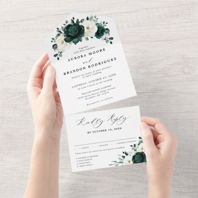 Emerald Greenery Eucalyptus White Floral Wedding All In One Invitation (Tearaway)