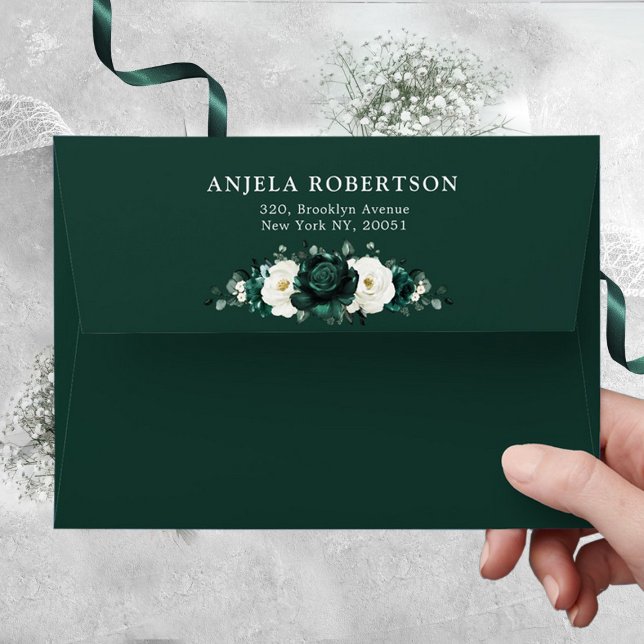 Emerald Greenery Eucalyptus White Floral Wedding Envelope (Elegant Emerald ivory floral wedding envelope)