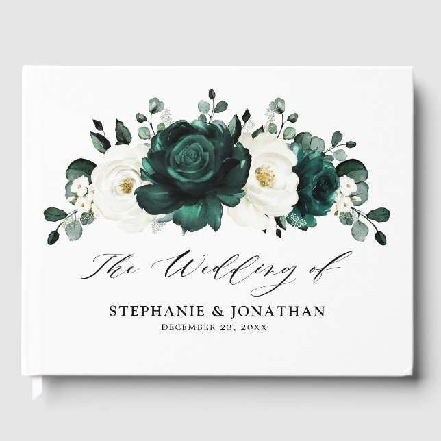 Emerald Greenery Eucalyptus White Floral Wedding Guest Book (Front)