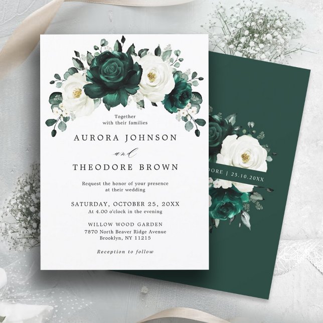 Emerald Greenery Eucalyptus White Floral Wedding   Invitation (Emerald and ivory floral botanical wedding invitation)