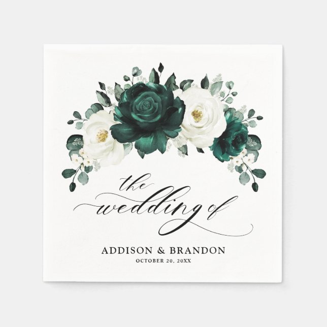 Emerald Greenery Eucalyptus White Floral Wedding Napkin (Front)