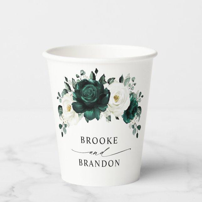 Emerald Greenery Eucalyptus White Floral Wedding Paper Cups (Front)