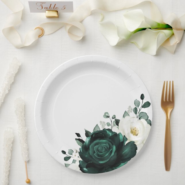 Emerald Greenery Eucalyptus White Floral Wedding Paper Plate (Wedding)