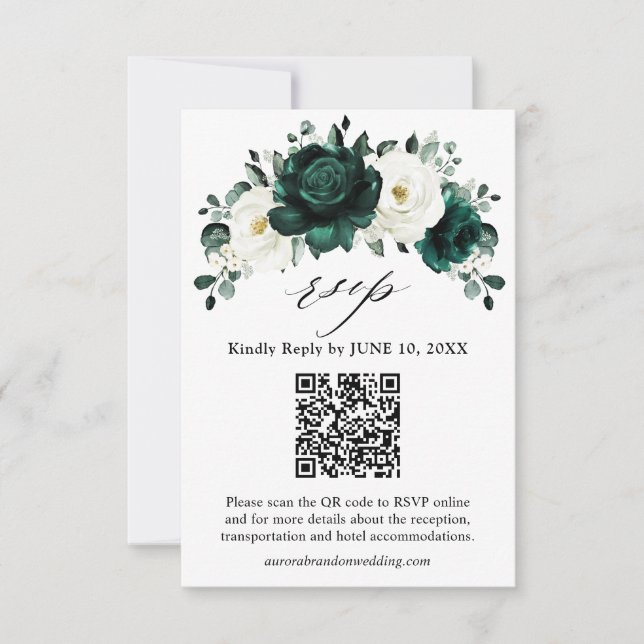 Emerald Greenery Eucalyptus White Floral Wedding R RSVP Card (Front)