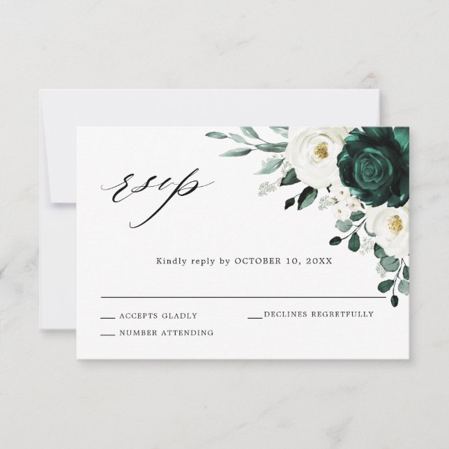 Emerald Greenery Eucalyptus White Floral Wedding RSVP Card (Front)