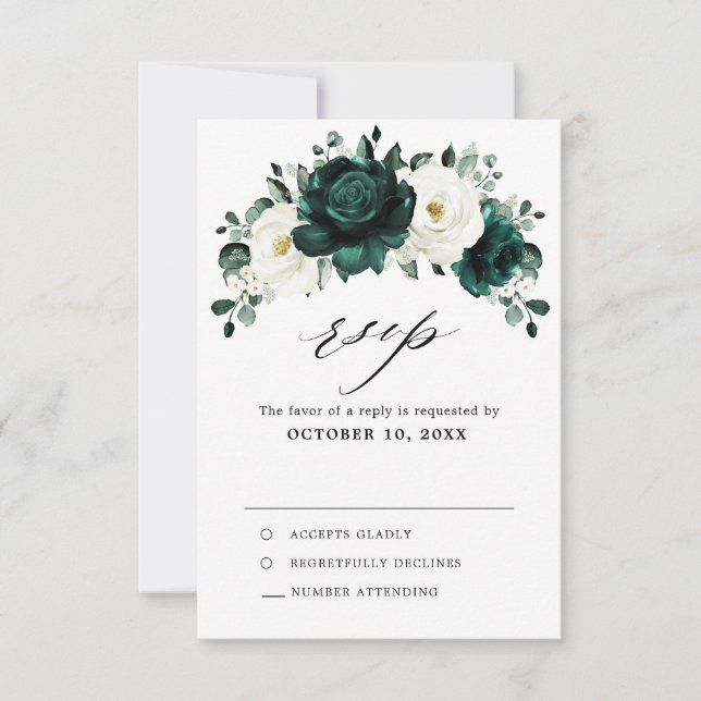 Emerald Greenery Eucalyptus White Floral Wedding RSVP Card (Front)