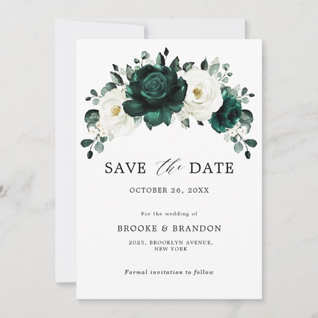 Emerald Greenery Eucalyptus White Floral Wedding Save The Date (Front)