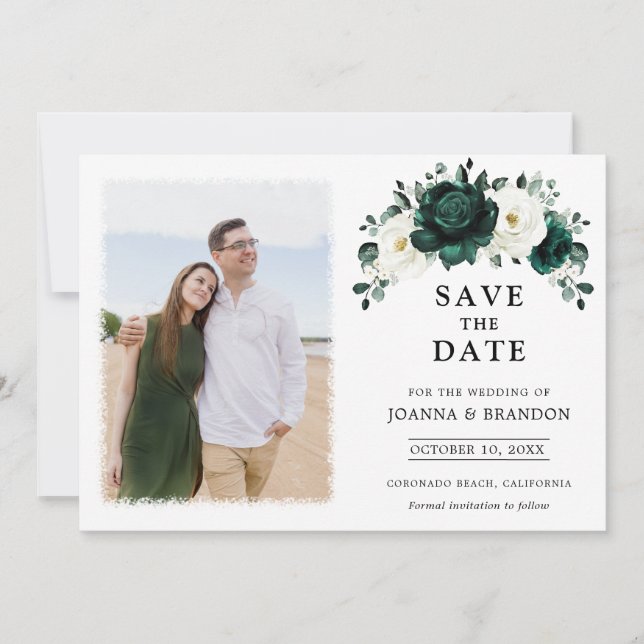 Emerald Greenery Eucalyptus White Floral Wedding Save The Date (Front)
