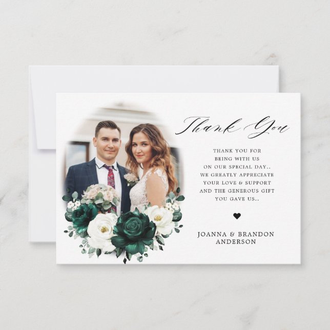 Emerald Greenery Eucalyptus White Floral Wedding Thank You Card (Front)