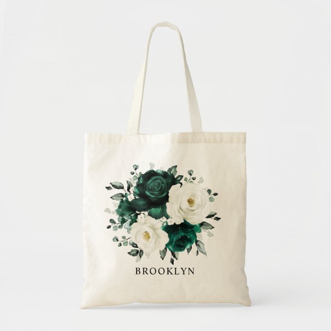 Emerald Greenery Eucalyptus White Floral Wedding Tote Bag (Front)