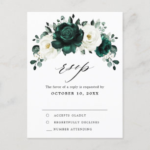 Emerald Greenery Eucalyptus White Rose Floral RSVP Postcard