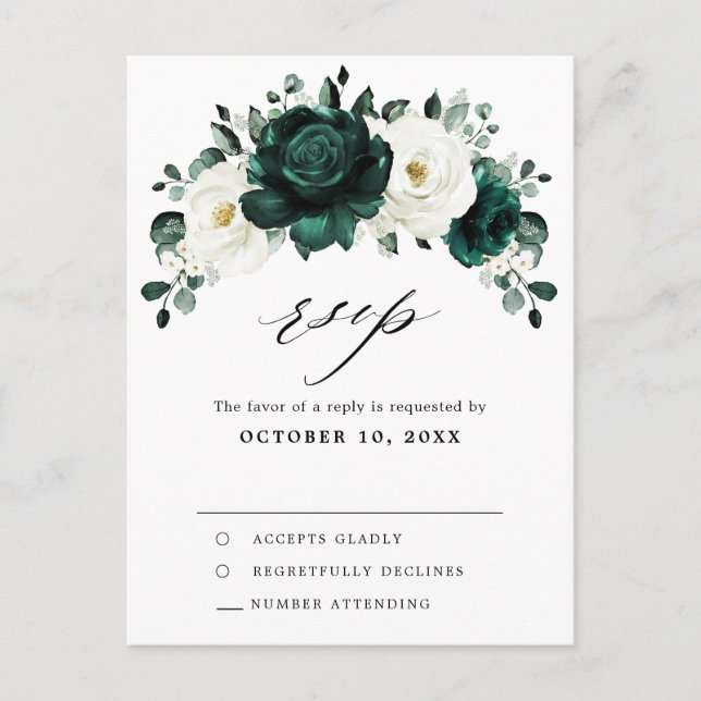 Emerald Greenery Eucalyptus White Rose Floral RSVP Postcard (Front)