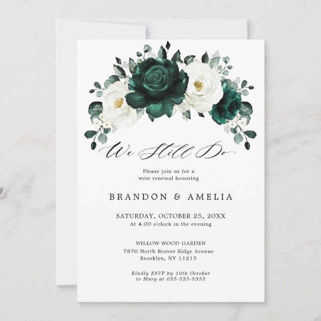 Emerald Greenery Eucalyptus White Rose We still do Invitation (Front)