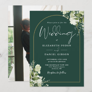 Emerald Greenery Floral Gold Arch Photo Wedding Invitation