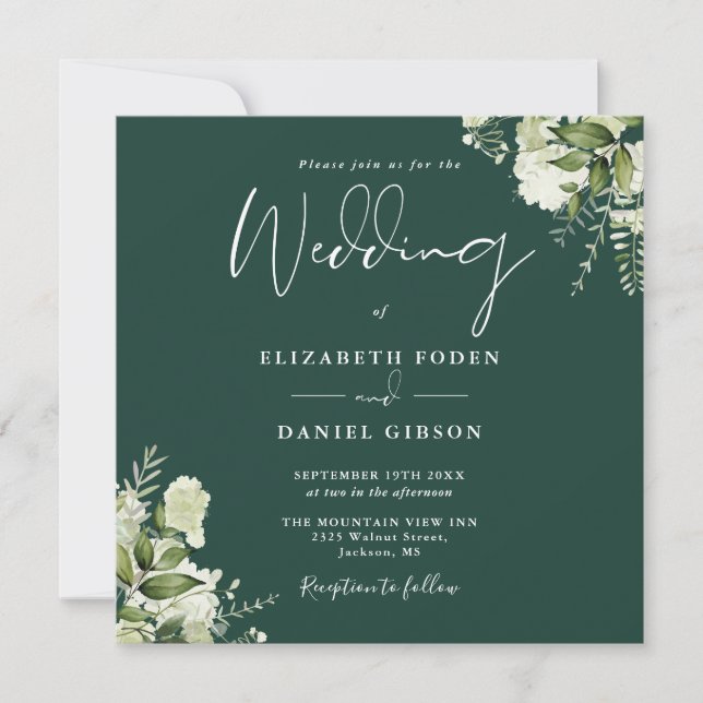 Emerald Greenery Floral Monogram Square Wedding Invitation (Front)