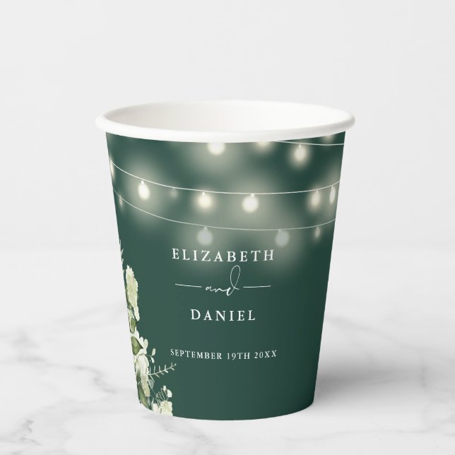 Emerald Greenery Floral String Lights Wedding Paper Cups (Front)