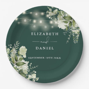 Emerald Greenery Floral String Lights Wedding Paper Plate