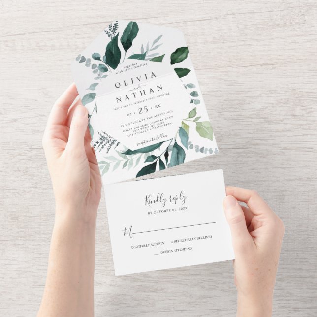 Emerald Greenery Frame Leaves Wedding All In One Invitation (Tearaway)