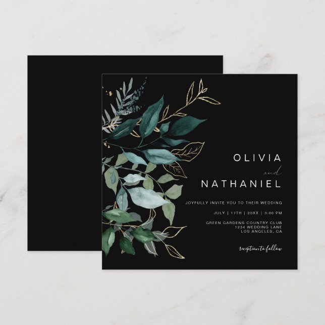 Emerald Greenery Gold Leaf Foliage Dark Wedding Invitation (Front/Back)