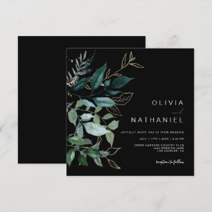 Emerald Greenery Gold Leaf Foliage Dark Wedding Invitation