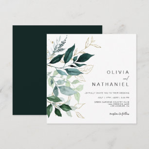 Emerald Greenery Gold Leaf Foliage Wedding Invitation