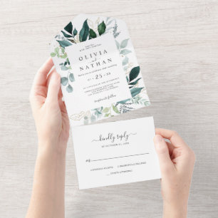 Emerald Greenery Gold Leaf Wedding All In One All In One Invitation