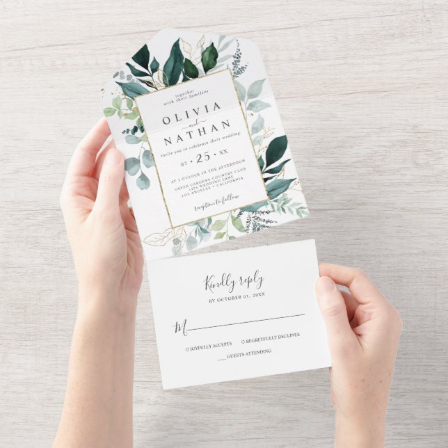 Emerald Greenery | Gold Leaf Wedding All In One Invitation (Tearaway)