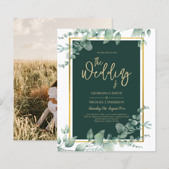 Emerald Greenery Gold PHOTO WEDDING INVITATION (Front/Back)