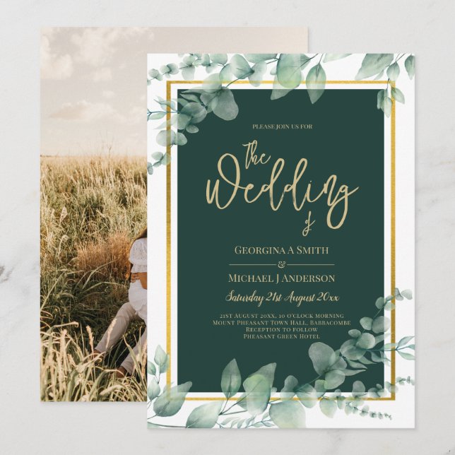 Emerald Greenery Gold PHOTO WEDDING INVITATION (Front/Back)