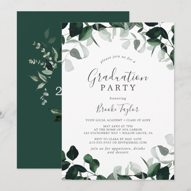 Emerald Greenery Graduation Party Invitation (Front/Back)